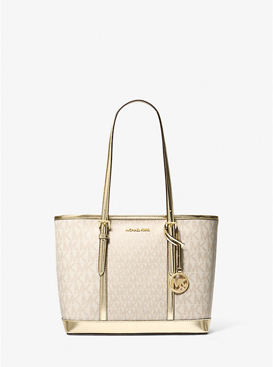 Michael Kors Jet Set Travel Small Metallic Logo Top-Zip Tote Bag