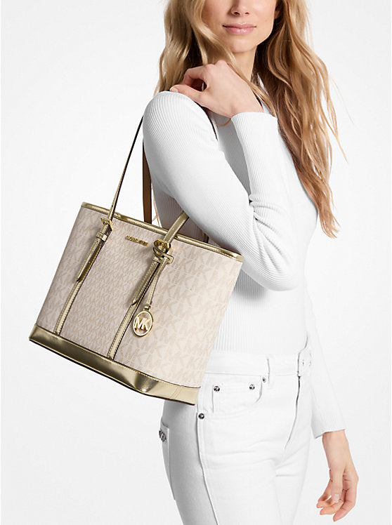 Michael Kors Jet Set Travel Small Metallic Logo Top-Zip Tote Bag