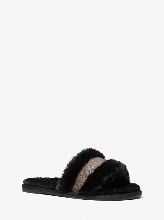 Michael Kors Alexis Faux Fur and Metallic Signature Logo Slide Sandal