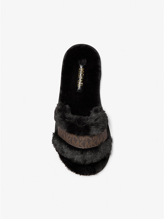 Michael Kors Alexis Faux Fur and Metallic Signature Logo Slide Sandal